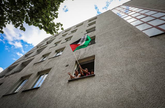 July 11, 2026, Berlin, Berlin, Germany: Demonstrators march and chant during an anti-war protest against Rheinmetall and the arms industry in Berlin, Germany, on July 11, 2026. The demonstration called for an end to weapons production and military expansion, with participants carrying banners and Palestinian flags while demanding greater investment in social services instead of armaments. Berlin Germany - ZUMAa268 20260711_zip_a268_014 Copyright: xAbdelrahmanxAlkahloutx