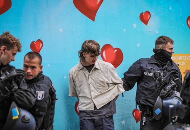 July 11, 2026, Berlin, Berlin, Germany: Berlin police detain several demonstrators during an anti-war protest against Rheinmetall and the German arms industry in Berlin, Germany, on July 11, 2026. Officers moved in to arrest multiple protesters after the demonstration, with several participants being physically restrained during the police operation. Berlin Germany - ZUMAa268 20260711_zip_a268_029 Copyright: xAbdelrahmanxAlkahloutx
