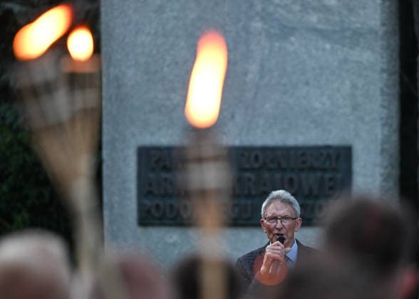 Poland Commemorates 83rd Anniversary Of Volhynia Genocide RZESZOW, POLAND - JULY 11: Volhynia massacre survivor Miroslaw Rucinski (born 1938, originally from Ostrog near Luck) speaks into a microphone during the final part of a solemn commemoration ceremony outside the Home Army (AK) Monument on July 11, 2026, in Rzeszow, Poland. Rucinski, who as a five-year-old child witnessed the brutal murder of his father and other family members, shared his testimony at the event organized by nationalist groups including Oboz Narodowo-Radykalny (ONR). Despite his family tragedy, Rucinski actively helped numerous Ukrainian refugees arriving in Rzeszow following the outbreak of the 2022 Russia-Ukraine war. The march marks the 83rd anniversary of Bloo  Copyright: xArturxWidakx originalFilename: widak-polandma260711_nphWV.jpg