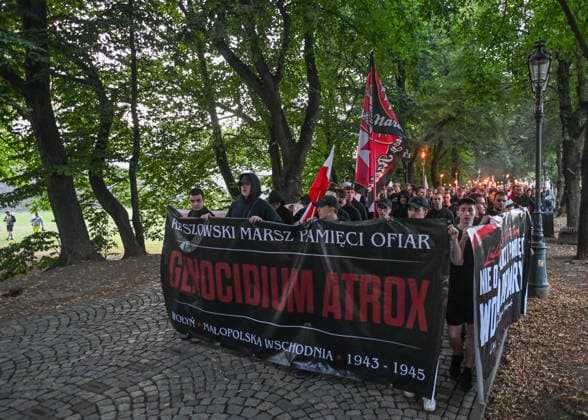 Poland Commemorates 83rd Anniversary Of Volhynia Genocide RZESZOW, POLAND - JULY 11: Participants hold a banner reading March in Memory of Victims of Genocidium Atrox (Latin for Savage Genocide) during a silent march marking the 83rd anniversary of Bloody Sunday on July 11, 2026, in Rzeszow, Poland. The solemn demonstration marks the peak of synchronized massacres, torture, and murders of over 100,000 Polish civilians perpetrated by the Ukrainian Insurgent Army (UPA) and the Organization of Ukrainian Nationalists (OUN-B) with the support of factions of the local Ukrainian peasantry across pre-1939 Polish settlements in Volhynia and Eastern Galicia between 1943 and 1947. Rzeszow Poland  Copyright: xArturxWidakx originalFilename: widak-polandma260711_nplrD.jpg