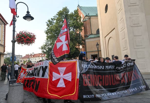 Poland Commemorates 83rd Anniversary Of Volhynia Genocide RZESZOW, POLAND - JULY 11: Participants hold flags and large banners reading Rzeszow March in Memory of Victims and Genocidium Atrox next to a church during a solemn commemoration on July 11, 2026, in Rzeszow, Poland. The commemoration marks the 83rd anniversary of Bloody Sunday, honoring over 100,000 Polish civilians tortured and murdered by the Ukrainian Insurgent Army (UPA) and the Organization of Ukrainian Nationalists (OUN-B) across Volhynia and Eastern Galicia between 1943 and 1947. Rzeszow Poland  Copyright: xArturxWidakx originalFilename: widak-polandma260711_npSpY.jpg