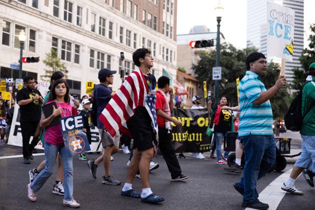 July 11, 2026, Houston, Texas, USA: Protesters march in Downtown Houston to protest against U.S. Immigration and Customs Enforcement (ICE) after Lorenzo Salgado Araujo was fatally shot by an ICE agent during an attempted immigration enforcement operation, an incident that has prompted calls from community leaders and elected officials for an independent investigation, Saturday, July 11, in Houston, Texas. Houston USA  - ZUMAg287 20260711_zsp_g287_014 Copyright: xMatthewxGuzmanx