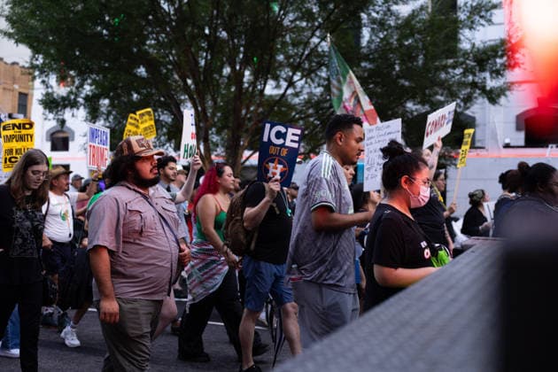 July 11, 2026, Houston, Texas, USA: Protesters march in Downtown Houston to protest against U.S. Immigration and Customs Enforcement (ICE) after Lorenzo Salgado Araujo was fatally shot by an ICE agent during an attempted immigration enforcement operation, an incident that has prompted calls from community leaders and elected officials for an independent investigation, Saturday, July 11, in Houston, Texas. Houston USA  - ZUMAg287 20260711_zsp_g287_017 Copyright: xMatthewxGuzmanx