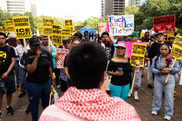 July 11, 2026, Houston, Texas, USA: A protester speaks at Houston City Hall to protest against U.S. Immigration and Customs Enforcement (ICE) after Lorenzo Salgado Araujo was fatally shot by an ICE agent during an attempted immigration enforcement operation, an incident that has prompted calls from community leaders and elected officials for an independent investigation, Saturday, July 11, in Houston, Texas. Houston USA  - ZUMAg287 20260711_zsp_g287_057 Copyright: xMatthewxGuzmanx