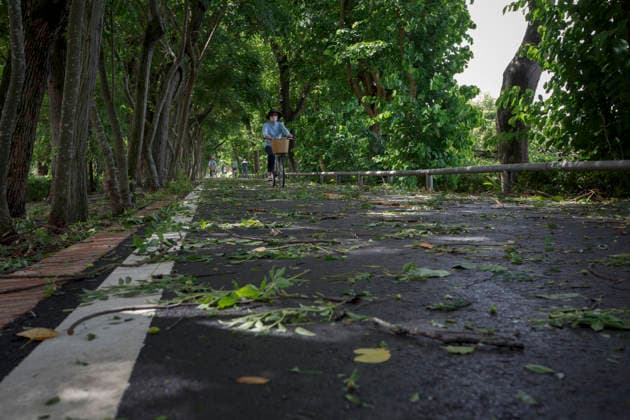 July 12, 2026, Taichung, Taiwan: People riding bikes pass by fallen leaves and branches that have been blown down by the strong winds along the bikeway in Taichung, Taiwan. The Central Weather Administration (CWA) lifted its land and sea warnings for Typhoon Bavi on Sunday morning as the storm weakened and moved away from Taiwan, after bringing heavy rain and strong winds to parts of the country. Taichung Taiwan  - ZUMAc217 20260712_zip_c217_001 Copyright: xAndrexM.xChangx