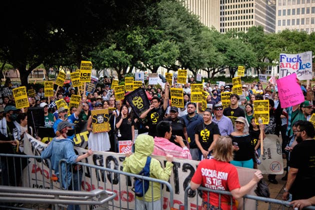 July 11, 2026, Houston, Texas, USA: Demonstrators march from Houston City Hall through downtown on July 11, 2026, demanding an independent investigation into the death of Lorenzo Salgado Araujo, a 52-year-old Mexican national fatally shot by a U.S. Immigration and Customs Enforcement agent in Houston on July 7. The protest was organized by the Party for Socialism and Liberation Ã¢â‚¬ Houston. Houston USA  - ZUMAe130 20260711_znp_e130_013 Copyright: xCarlosxEscalonax
