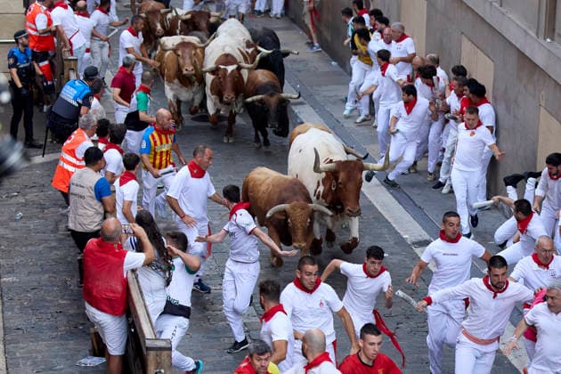 Running of the bulls the san Fermin festival in Pamplona - 12 Jul 2026 Several runners run in front of the bulls through the streets of Pamplona during the running of the bulls at the San Fermín 2026 festivities, the bulls are from the La Palmosillal ranch, in Pamplona. Pamplona Spain Copyright: xFernandoxPidalx xSOPAxImagesx encierro67233