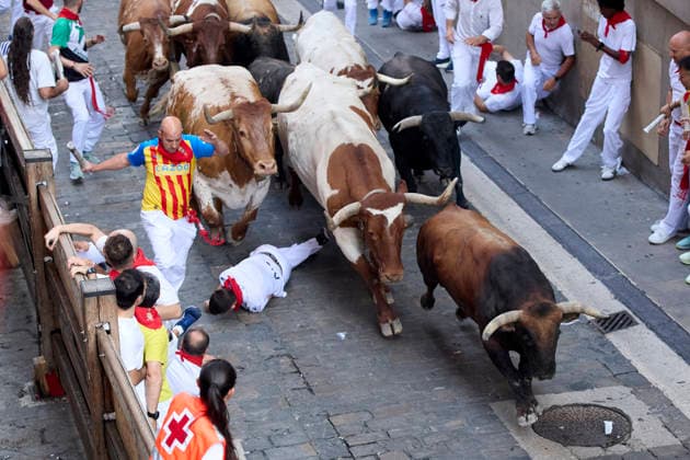 Running of the bulls the san Fermin festival in Pamplona - 12 Jul 2026 Several runners run in front of the bulls through the streets of Pamplona during the running of the bulls at the San Fermín 2026 festivities, the bulls are from the La Palmosillal ranch, in Pamplona. Pamplona Spain Copyright: xFernandoxPidalx xSOPAxImagesx encierro67262