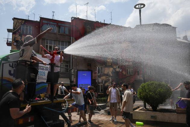 ARMENIA, YEREVAN - JULY 12, 2026: A tank truck pours water over citizens during the traditional feast of Vardavar celebrated by the Armenian Apostolic Church to mark the Transfiguration of Christ Yerevan Armenia  - ZUMAt113 20260712_zaa_t113_182 Copyright: xAlexanderxPatrinx