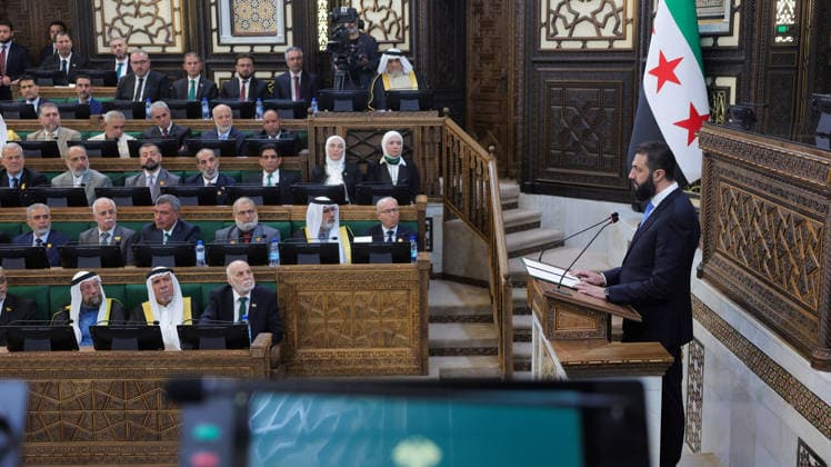 First parliamentary session held in post-Assad Syria led by President Ahmed Shara DAMASCUS, SYRIA - JULY 12: (----EDITORIAL USE ONLY - MANDATORY CREDIT - SYRIAN PRESIDENCY HANDOUT - NO MARKETING NO ADVERTISING CAMPAIGNS - DISTRIBUTED AS A SERVICE TO CLIENTS----) Syrian President Ahmed Shara addresses the People s Assembly during its first parliamentary session following the fall of the Assad regime, in Damascus, Syria, on July 12, 2026. In his speech, Shara emphasized that Syria is writing a new history that reflects its civilization, values, and heritage, and called for opening a new page together to build a modern Syria. Syrian Presidency Handout Anadolu Damascus Syria. Editorial use only. Please get in touch for any other usage.  Copyright: x2026xAnadoluxSyrianxPresidencyx xHandoutx