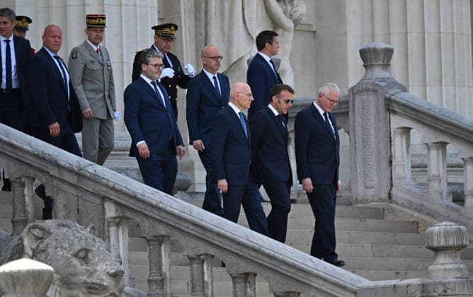 Christophe Soulard, First President of the Court of Cassation; Emmanuel Macron, President of the French Republic; Rémy Heitz, Attorney General of the Court of Cassation; and E. Macron, President of the French Republic, presided over the first National Day of Commemoration marking the recognition of Alfred Dreyfus’s innocence, on the Île de la Cité in Paris, in front of the Court of Cassation, on July 12, 2026. In the presence of elected officials, C. Vautrin, Minister of the Armed Forces, the mayor of Paris, E. Gregoire, and the captain’s grandson, C. Dreyfus, age 99, the head of state delivered a speech, exactly 120 years to the day after the Court of Cassation’s decision to exonerate A. Dreyfus. Christian Liewig, Bestimage. On July 12, 2  Copyright: xChristianxLiewigx xBestimagexChristianxLiewigx xBestimagex