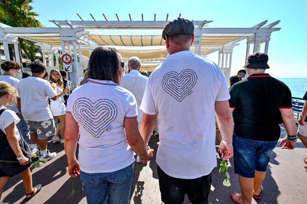 Commemorative White March in honor of the victims of the July 14, 2016, attack on the Promenade des Anglais in Nice, on July 12, 2026. The city of Nice and various victims’ associations organized a march, which began near Lenval Hospital, where the truck plowed into the crowd in 2016, killing 86 people and injuring more than 400. The procession stopped in front of the memorial sculpture *L’Ange de la Baie*, created by Jean Marie Fondacaro, for a wreath-laying ceremony before proceeding to the Albert I Garden, where everyone was able to place a white rose in front of the bandstand. The mayor of Nice, E. Ciotti, along with his partner O. Péraldi, the Prefect of the Alpes-Maritimes, L. Houttiaux, and members of his city council, such as Dep  Copyright: xBrunoxBebertx xBestimagexBrunoxBebertx xBestimagex