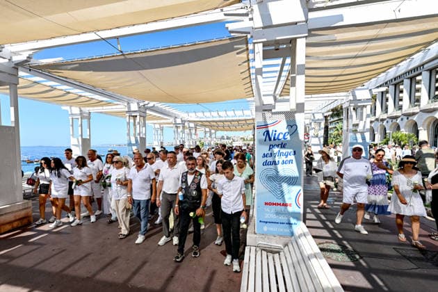 Commemorative White March in honor of the victims of the July 14, 2016, attack on the Promenade des Anglais in Nice, on July 12, 2026. The city of Nice and various victims’ associations organized a march, which began near Lenval Hospital, where the truck plowed into the crowd in 2016, killing 86 people and injuring more than 400. The procession stopped in front of the memorial sculpture *L’Ange de la Baie*, created by Jean Marie Fondacaro, for a wreath-laying ceremony before proceeding to the Albert I Garden, where everyone was able to place a white rose in front of the bandstand. The mayor of Nice, E. Ciotti, along with his partner O. Péraldi, the Prefect of the Alpes-Maritimes, L. Houttiaux, and members of his city council, such as Dep  Copyright: xBrunoxBebertx xBestimagexBrunoxBebertx xBestimagex