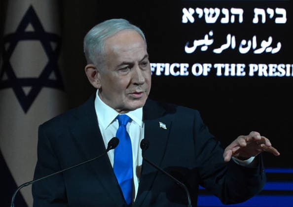 Israeli Prime Minister Benjamin Netanyahu speaks at a ceremony marking 50 years since Operation Entebbe, Operation Yonathan, at the president s residence in Jerusalem on Sunday, July 12, 2026. Netanyahu s oldest brother Yonathan was killed in the legendary 1976 Israeli counter-terrorist hostage rescue mission in Uganda.  JER2026071208 DEBBIExHILL