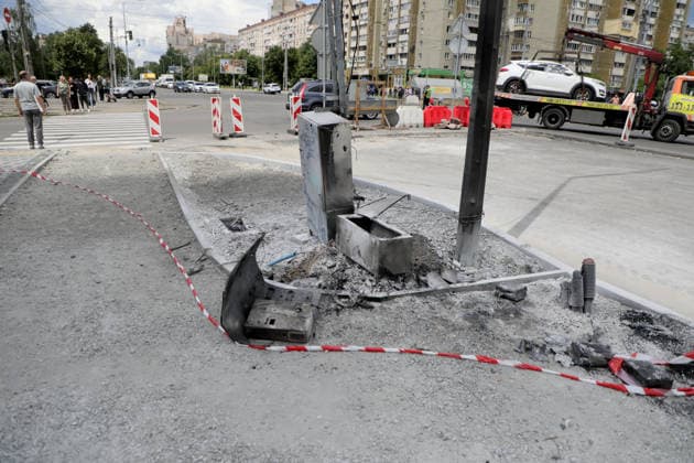 RECORD DATE NOT STATED A burned electrical switchgear cabinet damaged by a Russian ballistic missile strike in the Darnytskyi district of Kyiv, Ukraine, on July 11, 2026. During the night of July 11, Russian forces launched their third ballistic missile attack on Kyiv in a week. Twelve people, including two children aged 10 and 11, were injured (Photo by Yuliia Ovsiannikova Ukrinform) Cleanup underway after Russian attack in Darnytskyi district of Kyiv  Copyright: xYuliiaxOvsiannikovax