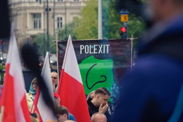 The Vohynian march organized by the Confederation of the Polish Crown. Poleexit banner. Warsaw Poland Copyright: xMikolajxJaneczekx