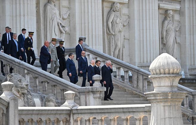 Frst National Day of Commemoration Recognizing Alfred Dreyfus s Innocence - Paris French President Emmanuel Macron presides over the first National Day of Commemoration recognizing Alfred Dreyfus s innocence, held on the Île de la Cité in Paris in front of the Court of Cassation on July 12, 2026, in the presence of elected officials, Minister of the Armed Forces Catherine Vautrin, Paris Mayor Emmanuel Grégoire, and the captain s grandson—99-year-old Charles Dreyfus—the Head of State delivered a speech marking the 120th anniversary, to the day, of the Court of Cassation s decision to rehabilitate Alfred Dreyfus. Photo by Christian Liewig Pool ABACAPRESS.COM Paris France  Copyright: xLiewigxChristian Pool ABACAx
