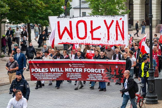 Warszawa 12.07.2026 Polish nationalist Volhynia March in memory of massacres of Poles in Volhynia organized by the far right --- Marsz Wolynski upamietniajacy ofiary Rzezi Wolynskiej organizowany przez prawicowych politykow. Persons shown : baner wolyn marsz uczestnicy Fot. Kai Taller Arena Akcji NEWSPIX.PL --- newspix.pl POLAND OUT! 