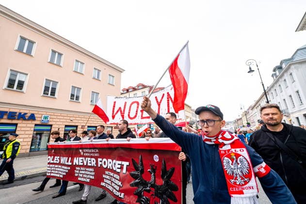 Warszawa 12.07.2026 Polish nationalist Volhynia March in memory of massacres of Poles in Volhynia organized by the far right --- Marsz Wolynski upamietniajacy ofiary Rzezi Wolynskiej organizowany przez prawicowych politykow. Persons shown : baner wolyn marsz uczestnicy Fot. Kai Taller Arena Akcji NEWSPIX.PL --- newspix.pl POLAND OUT! 
