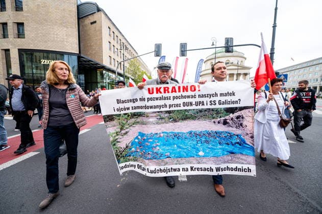Warszawa 12.07.2026 Polish nationalist Volhynia March in memory of massacres of Poles in Volhynia organized by the far right --- Marsz Wolynski upamietniajacy ofiary Rzezi Wolynskiej organizowany przez prawicowych politykow. Persons shown : marsz uczestnicy baner ludobojstwo Fot. Kai Taller Arena Akcji NEWSPIX.PL --- newspix.pl POLAND OUT! 
