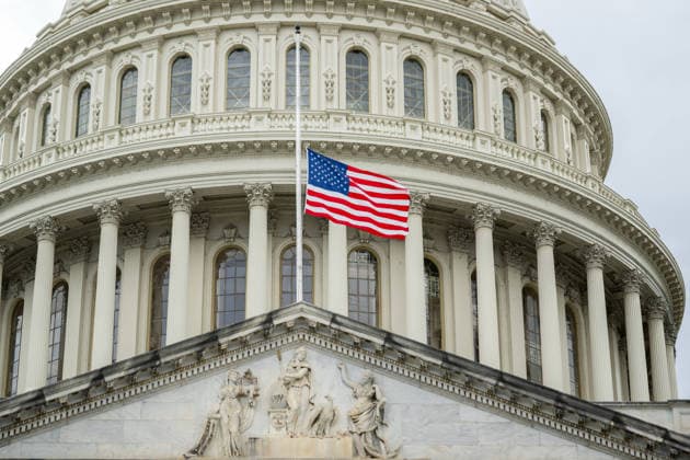 July 12, 2026, Washington, District Of Columbia, United States: U.S. flags fly at half-staff atop the U.S. Capitol following the death of Senator LINDSEY GRAHAM. Washington United States - ZUMAk206 20260712_znp_k206_010 Copyright: xMattxKaminskyx