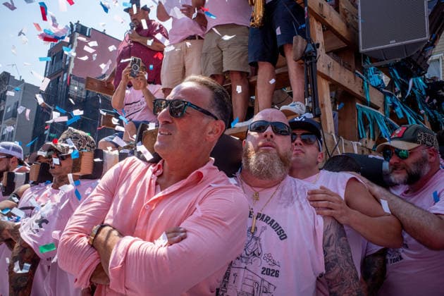 July 12, 2026, New York, New York, USA: Confetti falls on lifters as they hold a 4-ton replica of a boat on their shoulders...The Ã¢â‚¬oeDancing of the GiglioÃ¢â‚¬Â is an annual event, held in Williamsburg, Brooklyn in front of Our Lady of Mount Carmel. The Italian community takes part in a 139 year old tradiontion celebration heritage, faith and culture. New York USA - ZUMAp288 20260712_znp_p288_002 Copyright: xSyndixPilarx