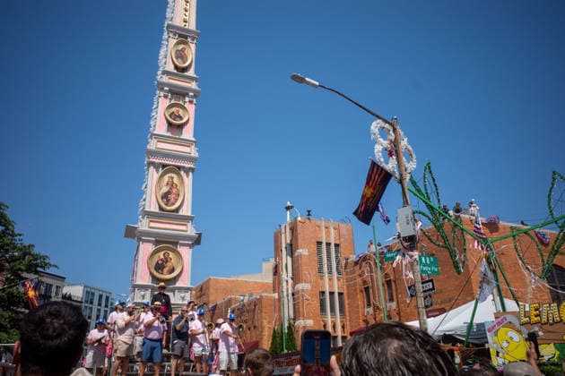 July 12, 2026, New York, New York, USA: The Giglio, an 80-foot tall, 4-ton tower, is paraded through the streets in Williamsburg...The Ã¢â‚¬oeDancing of the GiglioÃ¢â‚¬Â is an annual event, held in Williamsburg, Brooklyn in front of Our Lady of Mount Carmel. The Italian community takes part in a 139 year old tradiontion celebration heritage, faith and culture. New York USA - ZUMAp288 20260712_znp_p288_005 Copyright: xSyndixPilarx