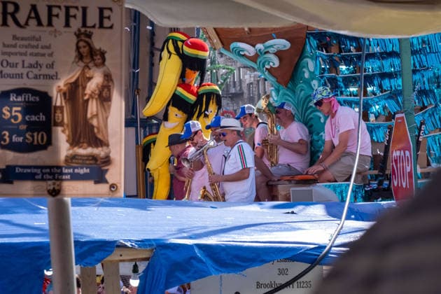 July 12, 2026, New York, New York, USA: A band plays on one of the levels of the boat float as they are lifted...The Ã¢â‚¬oeDancing of the GiglioÃ¢â‚¬Â is an annual event, held in Williamsburg, Brooklyn in front of Our Lady of Mount Carmel. The Italian community takes part in a 139 year old tradiontion celebration heritage, faith and culture. New York USA - ZUMAp288 20260712_znp_p288_010 Copyright: xSyndixPilarx