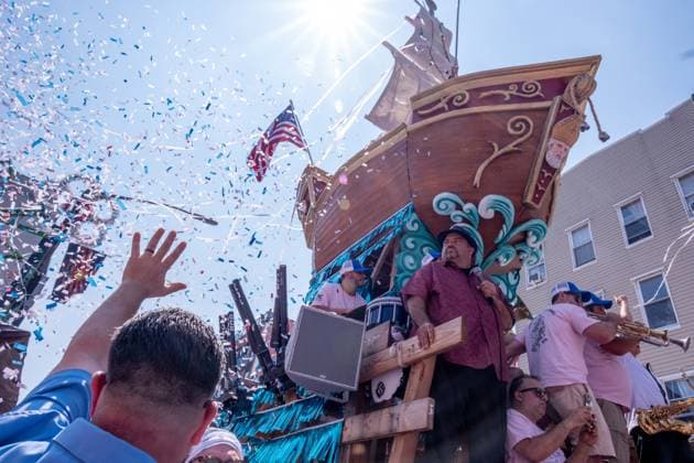 July 12, 2026, New York, New York, USA: A band plays on one of the levels of the boat float as they are lifted...The Ã¢â‚¬oeDancing of the GiglioÃ¢â‚¬Â is an annual event, held in Williamsburg, Brooklyn in front of Our Lady of Mount Carmel. The Italian community takes part in a 139 year old tradiontion celebration heritage, faith and culture. New York USA - ZUMAp288 20260712_znp_p288_016 Copyright: xSyndixPilarx