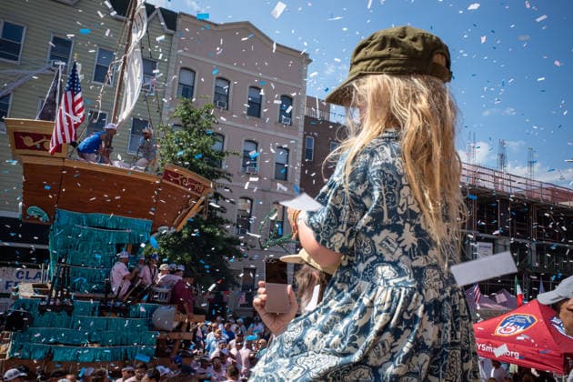 July 12, 2026, New York, New York, USA: A young girl sits on her fathers shoulders as she watches the boat float pass by...The Ã¢â‚¬oeDancing of the GiglioÃ¢â‚¬Â is an annual event, held in Williamsburg, Brooklyn in front of Our Lady of Mount Carmel. The Italian community takes part in a 139 year old tradiontion celebration heritage, faith and culture. New York USA - ZUMAp288 20260712_znp_p288_020 Copyright: xSyndixPilarx