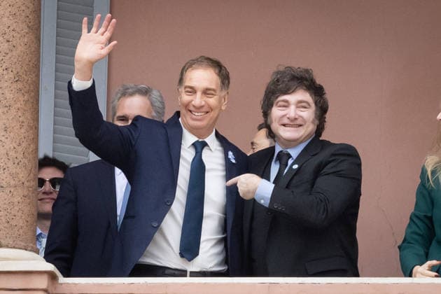 July 12, 2026, Buenos Aires, Buenos Aires, Argentina: Argentine President Javier Milei and Chief of Cabinet Diego Santilli wave from the balcony of the Casa Rosada during Argentina s Independence Day celebrations. Buenos Aires Argentina - ZUMAp265 20260712_zip_p265_010 Copyright: xDelfinaxCorberaxPix