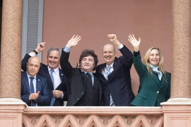July 12, 2026, Buenos Aires, Buenos Aires, Argentina: Argentine President Javier Milei and his sister, Karina Milei, wave from the balcony of the Casa Rosada alongside members of the cabinet during Argentina s Independence Day celebrations. Buenos Aires Argentina - ZUMAp265 20260712_zip_p265_008 Copyright: xDelfinaxCorberaxPix
