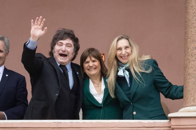 July 12, 2026, Buenos Aires, Buenos Aires, Argentina: Argentine President Javier Milei, his sister Karina Milei, and National Senator Patricia Bullrich wave from the balcony of the Casa Rosada during Argentina s Independence Day celebrations. Buenos Aires Argentina - ZUMAp265 20260712_zip_p265_015 Copyright: xDelfinaxCorberaxPix