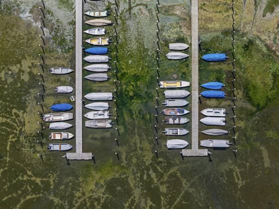 Trockenheit am Bodensee. Der Yachthafen von Mannenbach-Salenstein im Kanton Thurgau liegt fast vollständig trocken. Boote liegen am Liegeplatz am Bootssteg auf dem Trockenen und kommen nicht mehr ins Wasser. Luftbild. Mannenbach-Salenstein, Kanton Thurgau, Schweiz Drought on Lake Constance. The marina of Mannenbach-Salenstein in the canton of Thurgau is almost completely dry. Boats are dry at the dock and can no longer get into the water. aerial view. Mannenbach-Salenstein, Canton of Thurgau, Switzerland Copyright: imageBROKER ArnulfxHettrich ibxhet18392866.jpg