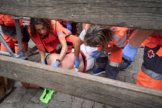 Seventh bull run of the 2026 San Fermín Festival, featuring injured Miura bulls treated by Red Cross volunteers during the seventh bull run of the 2026 San Fermín Festival, on July 13, 2026, in Pamplona, Navarre, Spain. On this occasion, the seventh running of the San Fermín festival featured bulls from the Miura ranch in Spain.  Copyright: xEduardoxSanzx 7661293