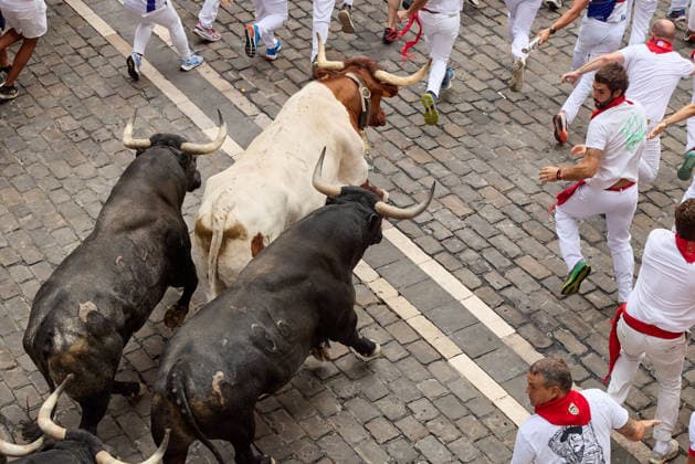 July 13, 2026, Pamplona, Navarre, Spain: People take part in the traditional encierro (bull-run) of the San Fermin Festival in Pamplona, Spain on July 13, 2026. The bull-running fiesta is held annually from 06 to 14 July in commemoration of the city s patron saint. Visitors from all over the world attend the festival. Many of them physically participate in the highlight event - the running of the bulls, or encierro - where they attempt to outrun the animals along a route through the narrow streets of Pamplona s old city. Pamplona Spain - ZUMAa206 20260713_zsp_a206_002 Copyright: xRubenxAlbarranx
