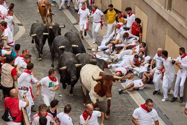 July 13, 2026, Pamplona, Navarre, Spain: People take part in the traditional encierro (bull-run) of the San Fermin Festival in Pamplona, Spain. The bull-running fiesta is held annually from 06 to 14 July in commemoration of the city s patron saint. Visitors from all over the world attend the festival. Many of them physically participate in the highlight event - the running of the bulls, or encierro - where they attempt to outrun the animals along a route through the narrow streets of Pamplona s old city. Pamplona Spain - ZUMAa206 20260713_zsp_a206_025 Copyright: xRubenxAlbarranx