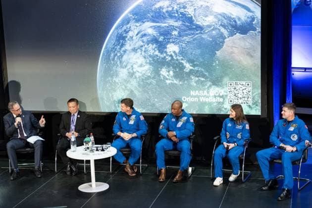 NOORDWIJK - Daniel Neuenschwander (Director of Human and Robotic Exploration ESA), Howard Hu (Orion Project manager NASA) and astronauts Reid Wiseman, Victor Glover, Christina Koch and Jeremy Hansen during a press conference at ESTEC, the Dutch facility of the European Space Agency ESA. The four astronauts flew around the moon in April during the Artemis II flight. LINA SELG ANP netherlands out - belgium out  Copyright: xx x563461620x originalFilename: 563461620.jpg
