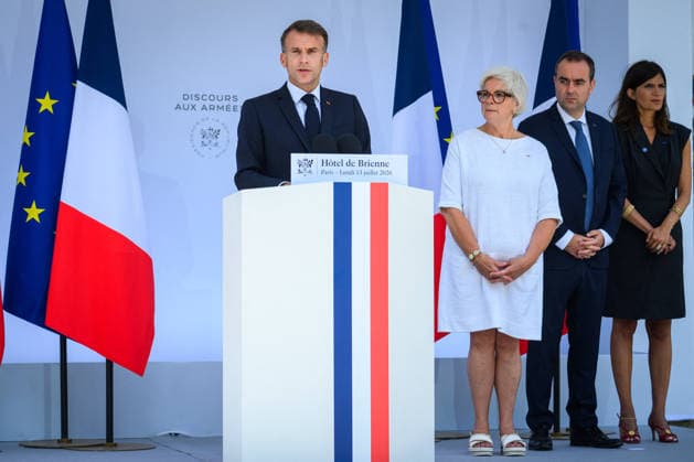 Speech by The President of The Republic to The Armies - Paris Emmanuel Macron, president of the French Republic, delivers a speech to the armed forces at the Hotel de Brienne in Paris, France on July 13, 2026, accompanied by Catherine Vautrin, minister of the Armed Forces, Sebastien Lecornu, prime minister, and Alice Rufo, minister delegate to the minister of the armed forces. Photo by Eric Tschaen Pool ABACAPRESS.COM Paris IDF France  Copyright: xTschaenxEric Pool ABACAx