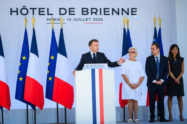 Speech by The President of The Republic to The Armies - Paris Emmanuel Macron, president of the French Republic, delivers a speech to the armed forces at the Hotel de Brienne in Paris, France on July 13, 2026, accompanied by Catherine Vautrin, minister of the Armed Forces, Sebastien Lecornu, prime minister, and Alice Rufo, minister delegate to the minister of the armed forces. Photo by Eric Tschaen Pool ABACAPRESS.COM Paris IDF France  Copyright: xTschaenxEric Pool ABACAx