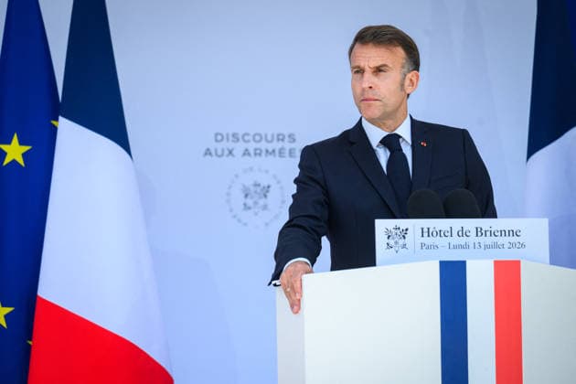 Speech by The President of The Republic to The Armies - Paris Emmanuel Macron, president of the French Republic, delivers a speech to the armed forces at the Hotel de Brienne in Paris, France on July 13, 2026. Photo by Eric Tschaen Pool ABACAPRESS.COM Paris IDF France  Copyright: xTschaenxEric Pool ABACAx