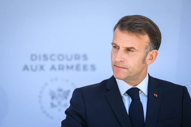 Speech by The President of The Republic to The Armies - Paris Emmanuel Macron, president of the French Republic, delivers a speech to the armed forces at the Hotel de Brienne in Paris, France on July 13, 2026. Photo by Eric Tschaen Pool ABACAPRESS.COM Paris IDF France  Copyright: xTschaenxEric Pool ABACAx