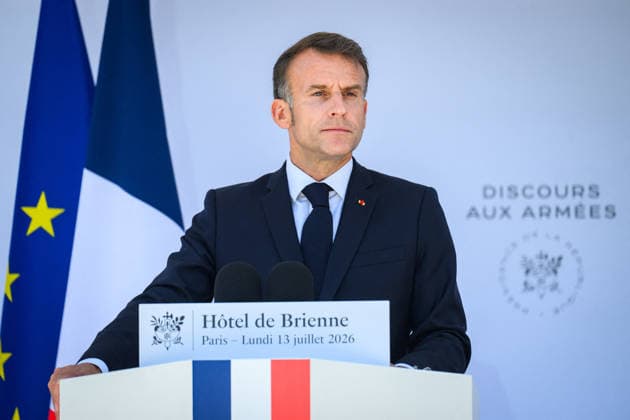 Speech by The President of The Republic to The Armies - Paris Emmanuel Macron, president of the French Republic, delivers a speech to the armed forces at the Hotel de Brienne in Paris, France on July 13, 2026. Photo by Eric Tschaen Pool ABACAPRESS.COM Paris IDF France  Copyright: xTschaenxEric Pool ABACAx