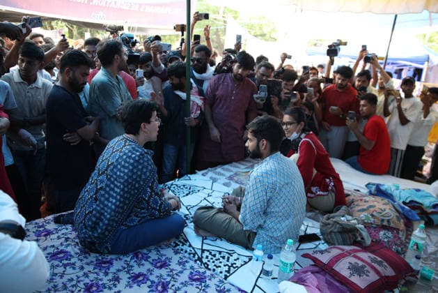 Former Delhi Chief Minister of Aam Aadmi Party (AAP) Atishi Marlena meets students during Cockroach Janta Party (CJP) protest demanding resignation of Union Education Minister Dharmendra Pradhan following paper leak scandals and irregularities in NEET-UG 2026 examinations at Jantar Mantar in New Delhi, India on July 13, 2026. New Delhi India Copyright: xAnshumanxAkashx