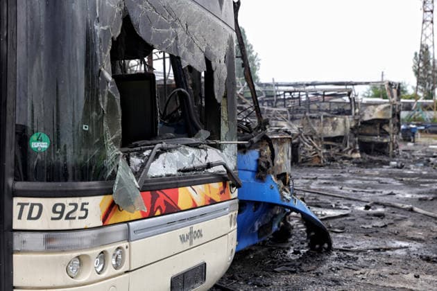 RECORD DATE NOT STATED A bus destroyed in a Russian attack is seen at a bus depot in Odesa, Ukraine, on July 13, 2026. Russian forces launched a missile and drone attack on the city on the morning of July 13, damaging a transport company, private houses and a sanatorium building. Four people, including a five-year-old girl, were injured(Photo by Nina Liashonok Ukrinform) Russian attack damages bus depot in Odesa  Copyright: xNinaxLiashonokx
