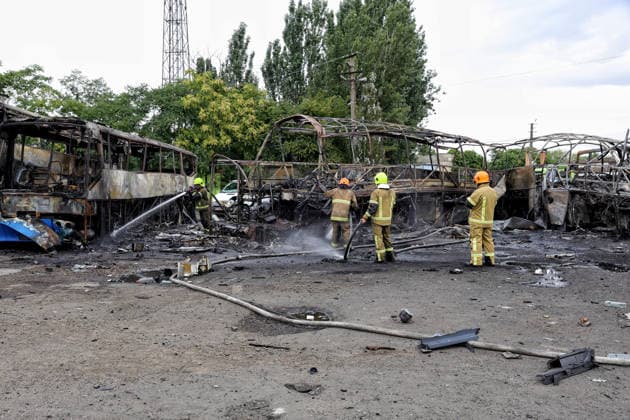 RECORD DATE NOT STATED Firefighters with the State Emergency Service of Ukraine extinguish smoldering hotspots at a bus depot destroyed in a Russian missile and drone attack in Odesa, Ukraine, on July 13, 2026. Russian forces launched a missile and drone attack on the city on the morning of July 13, damaging a transport company, private houses and a sanatorium building. Four people, including a five-year-old girl, were injured (Photo by Nina Liashonok Ukrinform) Russian attack damages bus depot in Odesa  Copyright: xNinaxLiashonokx