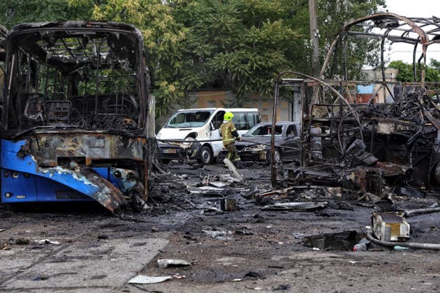 RECORD DATE NOT STATED Firefighters with the State Emergency Service of Ukraine extinguish smoldering hotspots at a bus depot destroyed in a Russian missile and drone attack in Odesa, Ukraine, on July 13, 2026. Russian forces launched a missile and drone attack on the city on the morning of July 13, damaging a transport company, private houses and a sanatorium building. Four people, including a five-year-old girl, were injured (Photo by Nina Liashonok Ukrinform) Russian attack damages bus depot in Odesa  Copyright: xNinaxLiashonokx