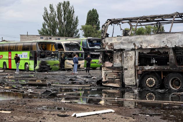 RECORD DATE NOT STATED Buses destroyed in a Russian attack are seen at a bus depot in Odesa, Ukraine, on July 13, 2026. Russian forces launched a missile and drone attack on the city on the morning of July 13, damaging a transport company, private houses and a sanatorium building. Four people, including a five-year-old girl, were injured (Photo by Nina Liashonok Ukrinform) Russian attack damages bus depot in Odesa  Copyright: xNinaxLiashonokx