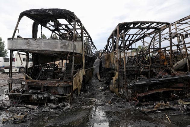 RECORD DATE NOT STATED Buses destroyed in a Russian attack are seen at a bus depot in Odesa, Ukraine, on July 13, 2026. Russian forces launched a missile and drone attack on the city on the morning of July 13, damaging a transport company, private houses and a sanatorium building. Four people, including a five-year-old girl, were injured (Photo by Nina Liashonok Ukrinform) Russian attack damages bus depot in Odesa  Copyright: xNinaxLiashonokx