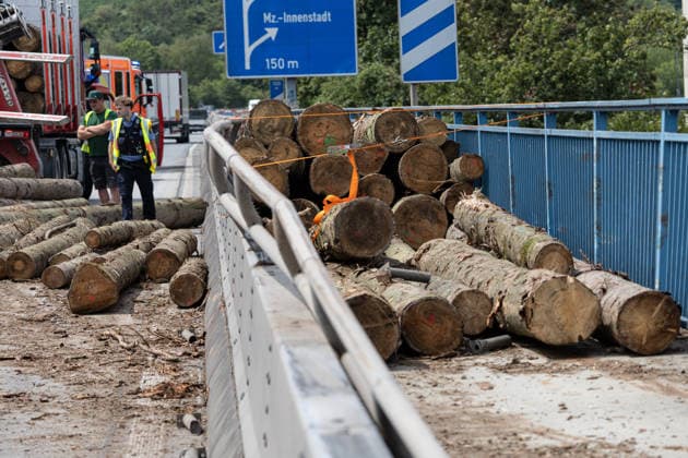 Lastwagen kippt auf Autobahnbrücke um 25 Baumstämme stürzen auf Fahrbahn und in den Rhein Am 13.07.2026 kam es um 11:37 Uhr auf der A60 im Bereich der Weisenauer Brücke in Mainz zu einem Verkehrsunfall, bei dem der Anhänger eines mit Baumstämmen beladenen Lastkraftwagens umkippte. Etwa 25 Baumstämme stürzten herab, blockierten die Fahrbahn und einen Fahrradweg, eine unbekannte Anzahl fiel über das Brückengeländer in den Rhein. Die Wasserschutzpolizei machte das im Wasser liegende Holz ausfindig. Fahrbahn, Leitplanke und das äußere Brückengeländer wurden erheblich beschädigt, der Sachschaden wird auf ca. 25.000 Euro geschätzt. Die A60 in Fahrtrichtung Bingen ist ab der Anschlussstelle Bischofsheim derzeit voll gesperrt.